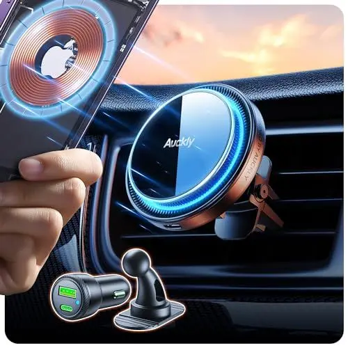 Produktbild: Auckly 15W Magsafe Autohalterung mit Ladefunktion,<strong>60W PD QC3.0 Auto Ladegerät:</strong>  Qi Wireless Car Charger KfZ Magnet Handyhalterung für iPhone 12/13/14/15/16 Pro Max Mini Plus & S23 S22 etc