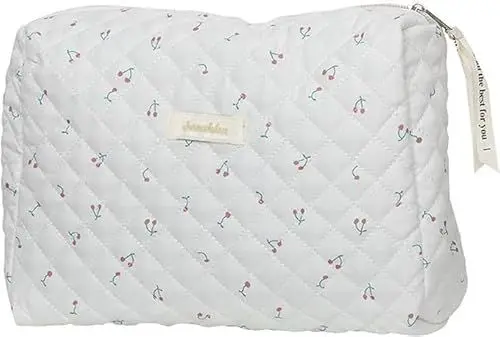 Produktbild: Aucuu Reise Kosmetiktasche, Coquette Make-up-Tasche, Gesteppte Kulturtasche Damen, Kosmetiktasche Groß Kapazität, Baumwolle Make-up Tasche mit Blumenmuster für Kinder Damen Herren (Weiß Kirsche)