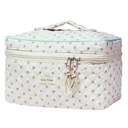 Produktbild: Aucuu Reise Kosmetiktasche, Coquette Make-up-Tasche, Gesteppte Kulturtasche, Groß Kapazität, Baumwolle - mit Blumenmuster für Kinder Damen Herren (Beige Blumen)
