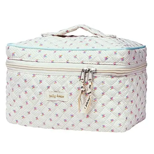 Produktbild: Aucuu Reise Kosmetiktasche, Coquette Make-up-Tasche, Gesteppte Kulturtasche, Groß Kapazität, Baumwolle - mit Blumenmuster für Kinder Damen Herren (Beige Blumen)