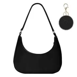 Produktbild: Aucuu Umhängetasche Damen Handtasche, Nylon Retro Achsel Tasche mit Pom-Pom-Schlüsselanhänger, Y2k Fashion Unterarmtasche mit Reißverschluss-Geschenk für Weihnachten und Geburtstag, Schwarz