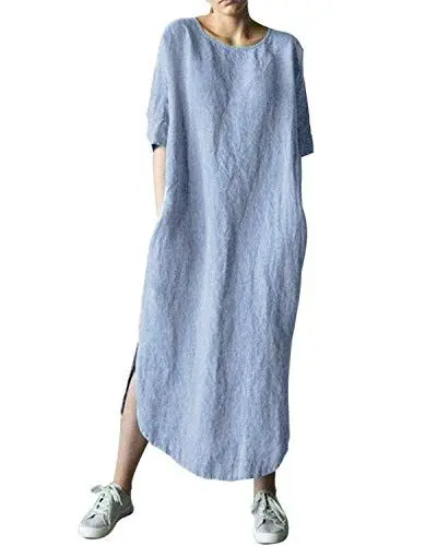 Produktbild: AUDATE Damen Leinen Baumwolle Lang Kleid Beiläufige Langarm Lose Maxikleider Kaftan, Hellblau, DE 36 (Herstellergröße: S)