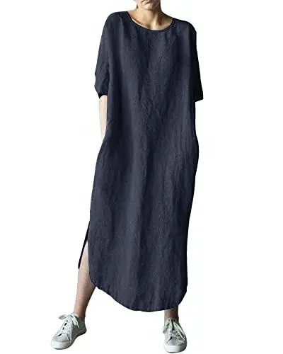 Produktbild: AUDATE Freizeitkleider für Damen Übergroße Casual Lang Kleid Leinen Baumwolle Kleider Marine M