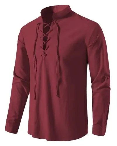Produktbild: AUDATE Herren Baumwolle Hemd Leinenhemd Langarm Freizeithemd Regular Fit Men Casual Shirts Weinrot M
