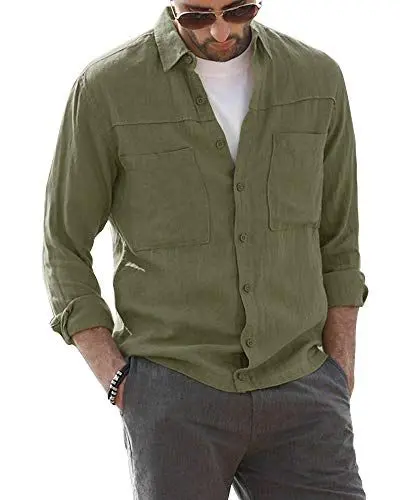 Produktbild: AUDATE Herren Baumwolle Leinen Hemden Button-down Langarm Roll-up Shirt Armeegrün L