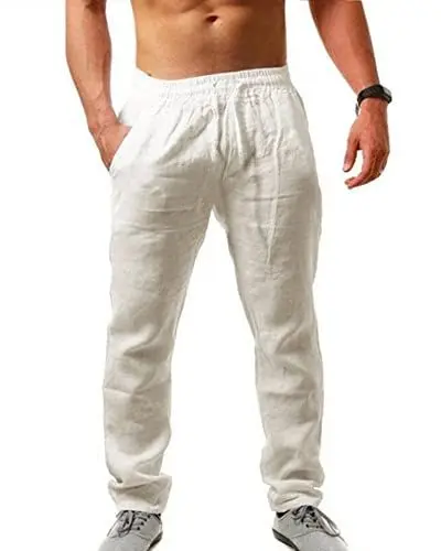 Produktbild: AUDATE Herren Baumwollhose Leinenhose Lang Strandhose Taschen Tunnelzug Sommerhose Weiß XL