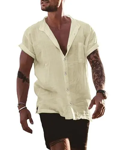 Produktbild: AUDATE Herren Freizeithemd Casual Sommer Leinen Hemd Button Kurzarm Mens Henley Shirts Beige M