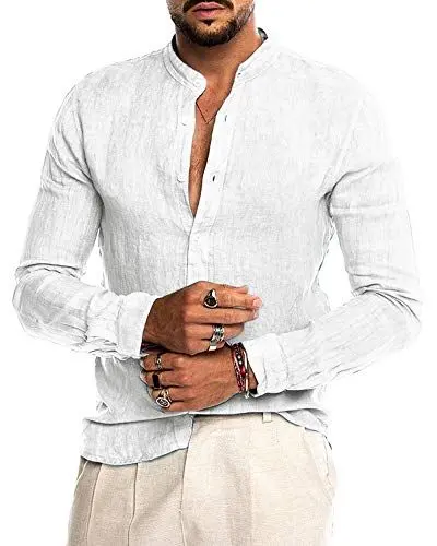 Produktbild: AUDATE Herren Freizeithemd Langarm Leinen Baumwolle Hemd Einfarbig Basic Tops Shirt Weiß XL