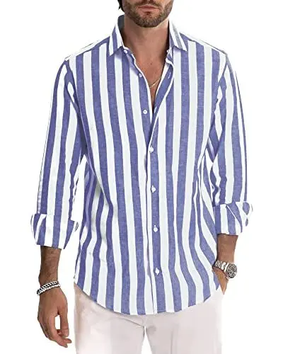 Produktbild: AUDATE Herren Hemd Lanngarm Gestreiftes Freizeithemd Businesshemd Regular Fit Mens Casual Shirts Blau L