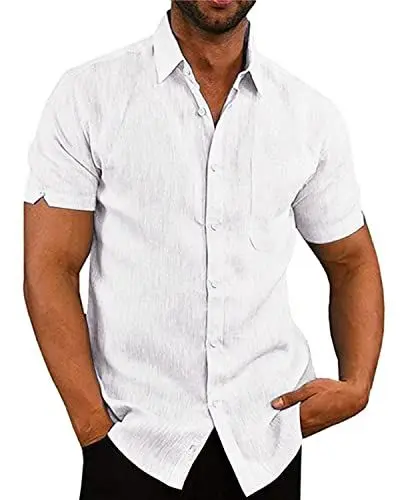 Produktbild: AUDATE Herren Hemd Sommer Button Leinen Hemden Kurzarm Freizeithemd Shirts Weiß L