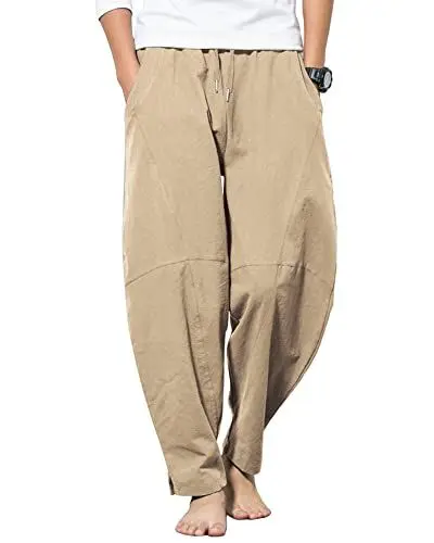 Produktbild: AUDATE Herren Hose Lang Leinen Freizeithose Casual Strandhose Einfarbig Sommerhose Khaki M