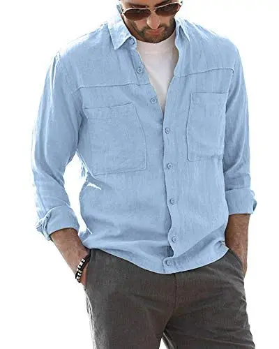 Produktbild: AUDATE Herren Leinenhemd Button Down Shirt Langarm Einfarbig Hemd Mens Freizeithemd Himmelblau L