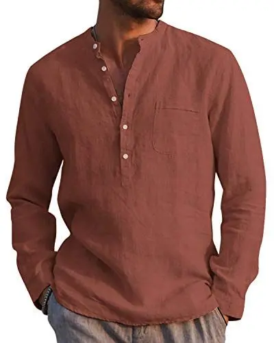 Produktbild: AUDATE Herren Leinenhemd Freizeithemd Langarm Hemd Henley Shirt Casual Solid Tops Ziegelrot L