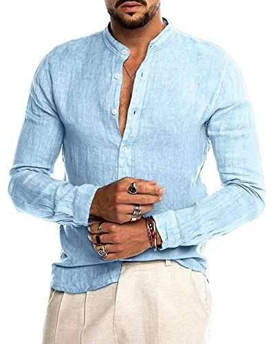 Produktbild: AUDATE Herren Leinenhemd Langarm Herren Hemd Sommerhemd Herren Casual Freizeithemd Shirt Hellblau XL