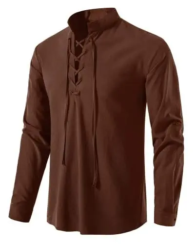 Produktbild: AUDATE Herren Leinenhemd Traditioneller Retro-Stil Schnürung Hemd Shirts Langarm Freizeithemd Braun XXL