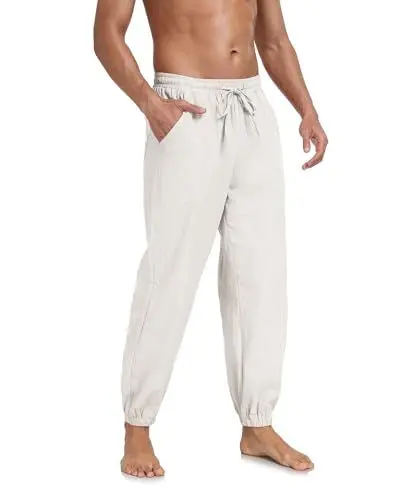 Produktbild: AUDATE Herren Leinenhosen Baumwolle Freizeithose Lang Casual Sommer Hosen Elastische Taille Strandhose Weiß XXL