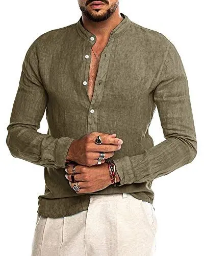 Produktbild: AUDATE Leinenhemd Herren Button-down Sommerhemd Langarm Herren Hemd Shirt Freizeithemd Armeegrün L