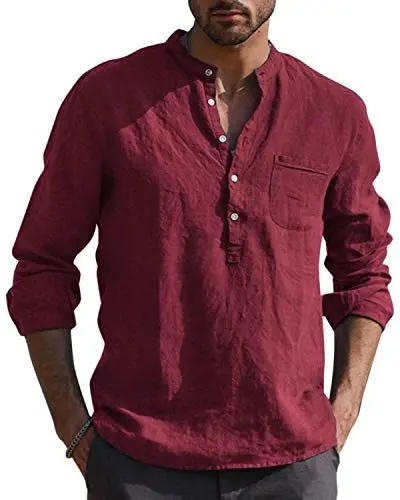 Produktbild: Kvruhuiy Leinenhemd Herren Langarm Baumwolle Hemd Herbst Winter Freizeithemd Men's Shirt Weinrot XL