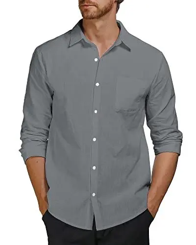 Produktbild: AUDATE Men's Casual Shirts Herren Baumwollhemd Langarm Freizeithemd Sommer Hemd Solid Tops Dunkelgrau M