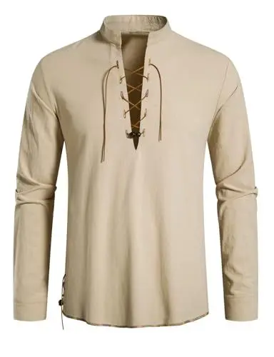Produktbild: AUDATE Mittelalter Hemd Herren Langarm Leinen Hemd Sommer Hemd Schnürhemd Piratenhemd Cosplay Kostüm Khaki L