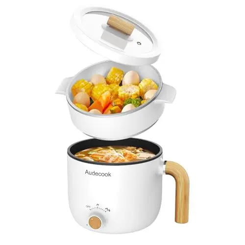 Produktbild: Audecook Elektrische Hot Pot und Dampfgarer, 1.5L Tragbare Mini Antihaft Multikocher, Ramen Kocher, Travel Electric Bratpfanne mit Duale Leistungssteuerung für Steak/Nudeln/Ei/Hafer (White)