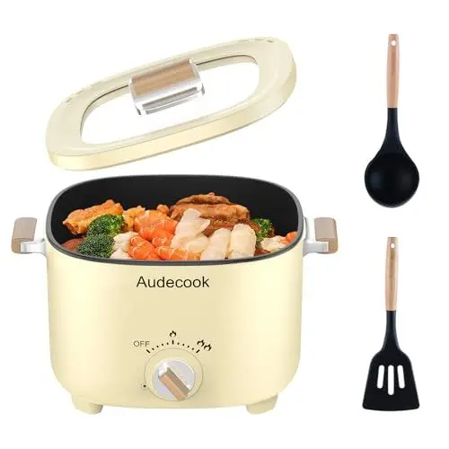 Produktbild: Audecook Elektrischer Hot Pot, 2.5L Tragbare Antihaft Multikocher, Antihaftbeschichtung mit Wabentextur, Elektrischer Reisetopf Wokpfanne mit Dual Leistungssteuerung für Steak/Nudeln/Suppe/Ei (Beige)
