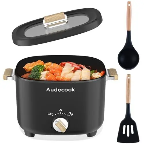 Produktbild: Audecook Elektrischer Hot Pot, 2.5L Tragbare Multikocher für 1-3 Personen, Antihaftbeschichtung mit Wabentextur, Elektrischer Reisetopf Wokpfanne für Steak/Nudeln/Suppe/Ei (Schwarz)