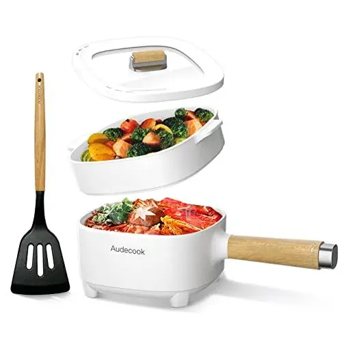 Produktbild: Audecook Elektrischer Hot Pot mit Dampfgarer, 2L/20cm Antihaft Elektropfanne mit Keramikglasur, Tragbarer Multikocher für Ramen, Steak, Ei, Haferflocken, Suppe, 350W/800W (E(WEISS,MIT DAMPFGARER))