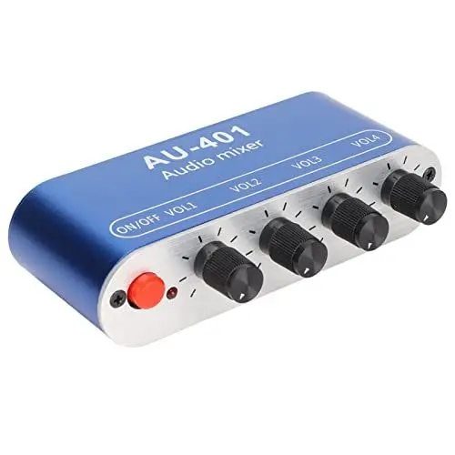 Produktbild: Audio-Mixer, 4-Kanal-Line-Mixer mit 3,5-mm-Stereobuchse, 4 Eingängen, 1 Stereoausgang und Lautstärkeregelung, DC 5-12-V-Stereomixer für PC, Telefon, Laptop, Kopfhörer, Kleine