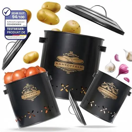 Produktbild: Aufbewahrung Kartoffeln Zwiebeln Knoblauch Perfekt für 6kg Kartoffeln, 4kg Zwiebeln und 2kg Knoblauch Zwiebel Aufbewahrung Kartoffelkiste zum Lagern, Kartoffel Aufbewahrung in schwarz Küchen Set