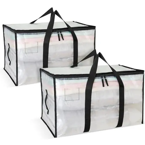 Produktbild: Aufbewahrungstasche Große 2er-Pack 92L Umzugstaschen Unterbett Aufbewahrungsbox mit Reißverschlüssen und Griff Wasserdicht Transparent für Umzüge und zur Aufbewahrung von Kleidung
