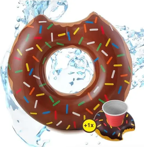 Produktbild: Aufblasbar Donut Schwimmring braun Ø 120 cm mit Biss - Schwimmreifen Pool & Wasser, mit je Getränkehalter für Erwachsene & Kinder