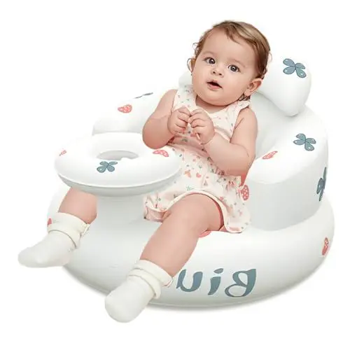 Produktbild: Aufblasbare Babyschale für Babys ab 3 Monaten, Kleinkind-Bodensitze zum Sitzen, Sit-Me-Up Bodenstuhl Integrierte Luftpumpe Babysitze, Blow Up Babystuhl mit Rücken- und Nackenstütze (Erdbeere)