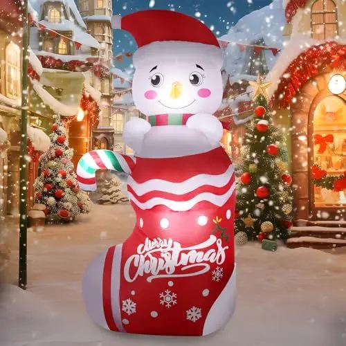 Produktbild: Aufblasbare Weihnachtsdeko 185cm Schneemann Aufblasbar: Beleuchteter Aufblasbarer Schneemann auf Weihnachtssocken mit eingebauten Lichtern - Weihnachtsdeko Aussen Aufblasbarfür Rasen, Hof und Garten
