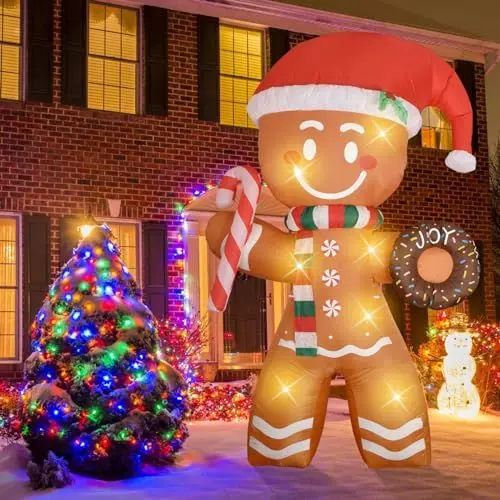 Produktbild: Aufblasbare Weihnachtsdeko - 2,4M/ 8FT Lebkuchenmann Deko Aufblasbare Weihnachtsdekoration mit LED Beleuchtet - XXL Weihnachtsdeko IP44 Wetterfest für Außen Innen Garden Rasen Hof (AA)