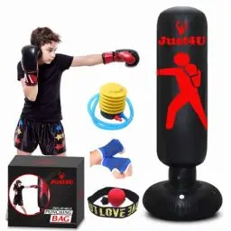 Produktbild: Aufblasbarer Boxsack – Freistehender Boxsack mit Reflexball, Boxhandbandagen & Kostenloser Luftpumpe – Sofortige Bounce Back Boxsack für Indoor & Outdoor Kampfsport Praxis, Karate, Schwarz