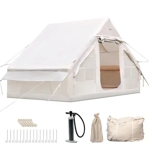 Produktbild: Aufblasbares Campingzelt für 2-8 Personen - 4-Jahreszeiten-Zelt aus wasserdichtem Oxford-Gewebe mit Luftpumpe, schnell aufbaubarer Unterschlupf (Ohne Kaminöffnung, 2-4 Pers/300cm x 210cm x 200cm)