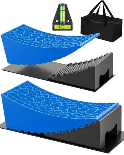 Produktbild: Auffahrkeile für Wohnmobil, 2 Unterlegkeile für Anhänger, 2 Anti-Rutsch-Matten, 1 Wasserwaage und Tragetasche für Wohnmobile und Wohnwagen bis 15,8 t – Einfaches Nivellieren auf jedem Untergrund(blau)