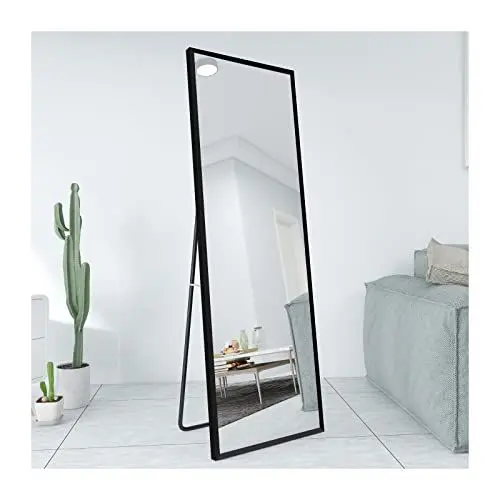 Produktbild: AUFHELLEN Ganzkörperspiegel 140x50cm mit Schwarz Metallrahmen Standspiegel HD Groß Wandspiegel mit Haken für Wohn-, Schlaf- und Ankleidezimmer Spiegel