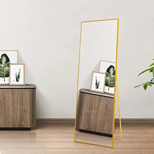 Produktbild: AUFHELLEN Ganzkörperspiegel 150x50cm mit Golden Metallrahmen Standspiegel HD Groß Wandspiegel mit Haken für Wohn-, Schlaf- und Ankleidezimmer Spiegel