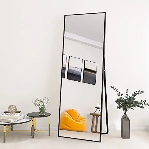 Produktbild: AUFHELLEN Ganzkörperspiegel 165x60cm mit Schwarz Metallrahmen Standspiegel HD Groß Wandspiegel mit Haken für Wohn-, Schlaf- und Ankleidezimmer Spiegel
