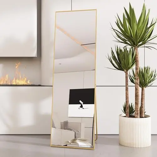 Produktbild: AUFHELLEN Standspiegel mit Kupfer Metallrahmen 140x40cm HD Groß Ganzkörperspiegel mit Haken für Wohnzimmer oder Ankleidezimmer (Golden)