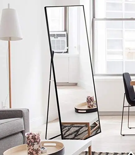 Produktbild: AUFHELLEN Standspiegel mit Schwarz Metallrahmen 140x40cm HD Groß Ganzkörperspiegel mit Haken für Wohnzimmer oder Ankleidezimmer (Schwarz)