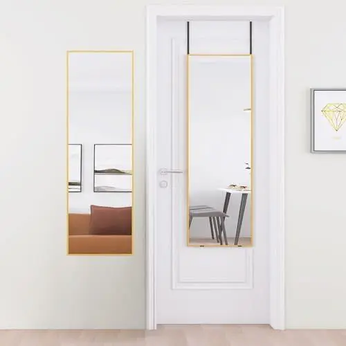 Produktbild: AUFHELLEN Wandspiegel mit Golden Metallrahmen Höhenverstellbar 127x35.5cm Groß Spiegel HD Ganzkörperspiegel mit Haken für Flur, Tür, Wohn-, Schlaf- oder Ankleidezimmer
