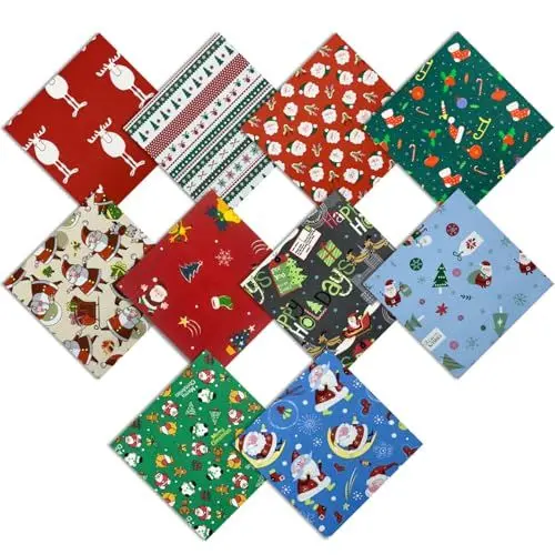 Produktbild: aufodara 10er Baumwollstoff Weihnachten Stoffpakete Patchwork Stoffe Baumwolle, 50x80cm 40x50cm 25x 25cm Stoffe zum Nähen, Patchwork Stoffpaket zum Quilten DIY Basteln Handwerken (25 x 25cm, U-01)