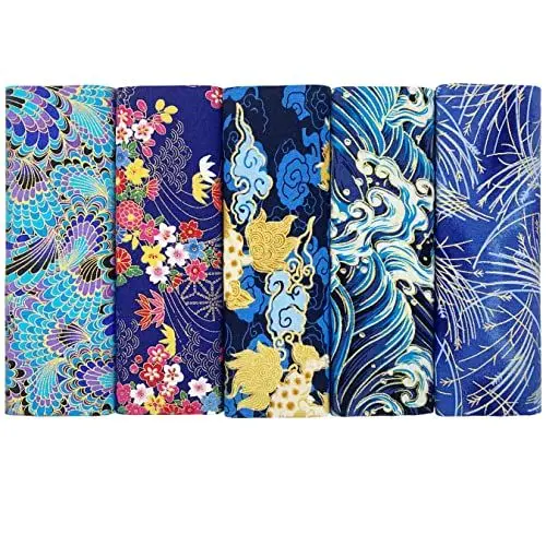 Produktbild: aufodara 5pcs Baumwollstoff 40x80 cm Japanische Stil Patchwork Stoffpakete Bronzing Dekostoff Baumwolle Vorgeschnittener Stoffe zum Nähen DIY Artcraft Handarbeit (Blau)