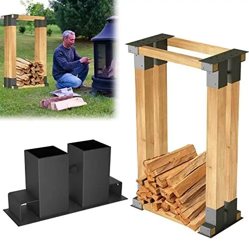 Produktbild: Aufun Holzstapelhilfe 4er Set, stabile Holzstapelhalter für Kaminholz Brennholz Stapelhilfe verzinkt Feuerholz (4 Stück, Schwarz)