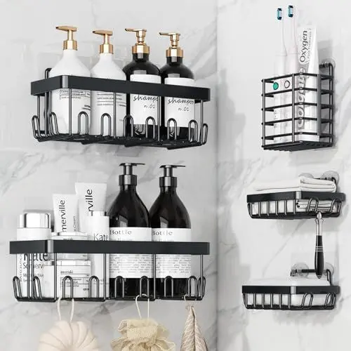 Produktbild: Aufworld Dusche Caddy, 5 Pack Organisator, Regale Mit Haken, Kein Bohren, Selbstklebende Rack für Bad Lagerung und Küche