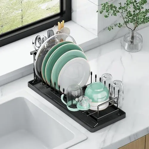 Produktbild: Aufworld Kleines Spülgestell, Kompaktes Spülgut-Abtropfgestell mit Silikon-Trockenmatte, Edelstahl-Spülabtropfer mit Besteckhalter, Platzsparendes Abtropfgestell für Küchenarbeitsplatte, Wohnmobile