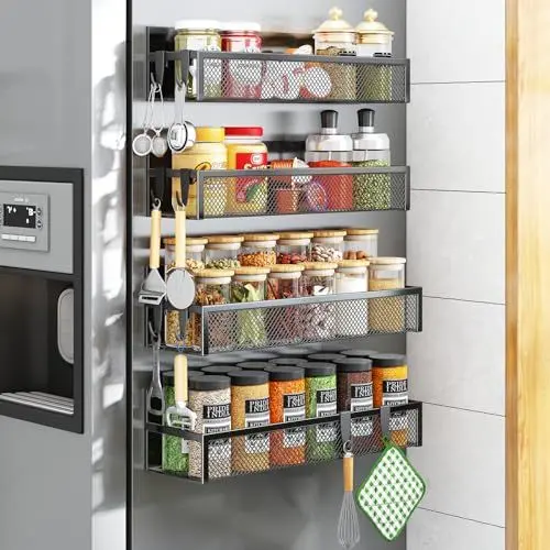 Produktbild: Aufworld Magnetisches Gewürzregal für Kühlschrank, 4 Pack Magnetregal, Kühlschrank Magnet Organizer mit beweglichen 8 Haken, Magnetisches Kühlschrankregal für Küchenorganisation und Lagerung (4 PACK)